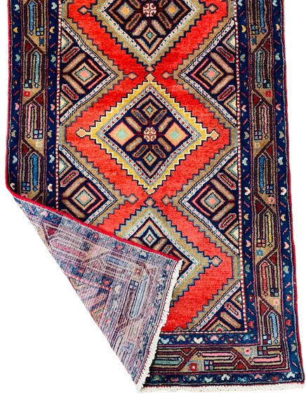 Origin "Hamedan" Hand Knotted Sheep Wool Persian Rug with Geometric Pattern 9'4" X 3'1"