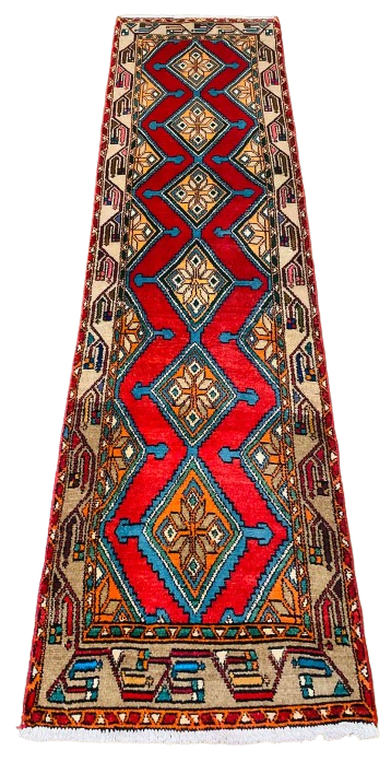 Origin "Hamedan" Hand Knotted Sheep Wool Persian Rug with Geometric Pattern 9'4" X 2'6"
