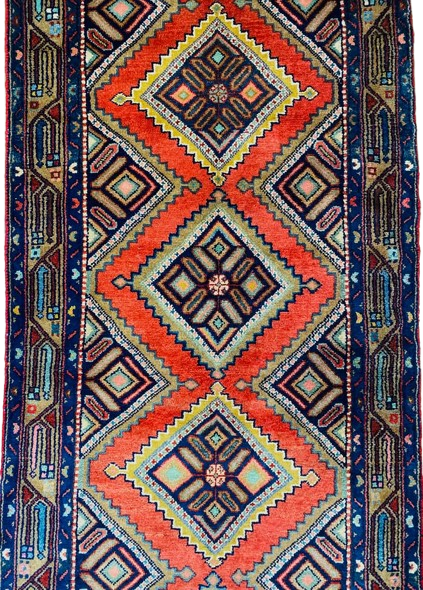 Origin "Hamedan" Hand Knotted Sheep Wool Persian Rug with Geometric Pattern 9'4" X 3'1"