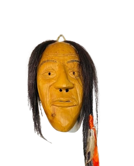 Indigenous-Inspired Carved Wood Mask with Horse Hair